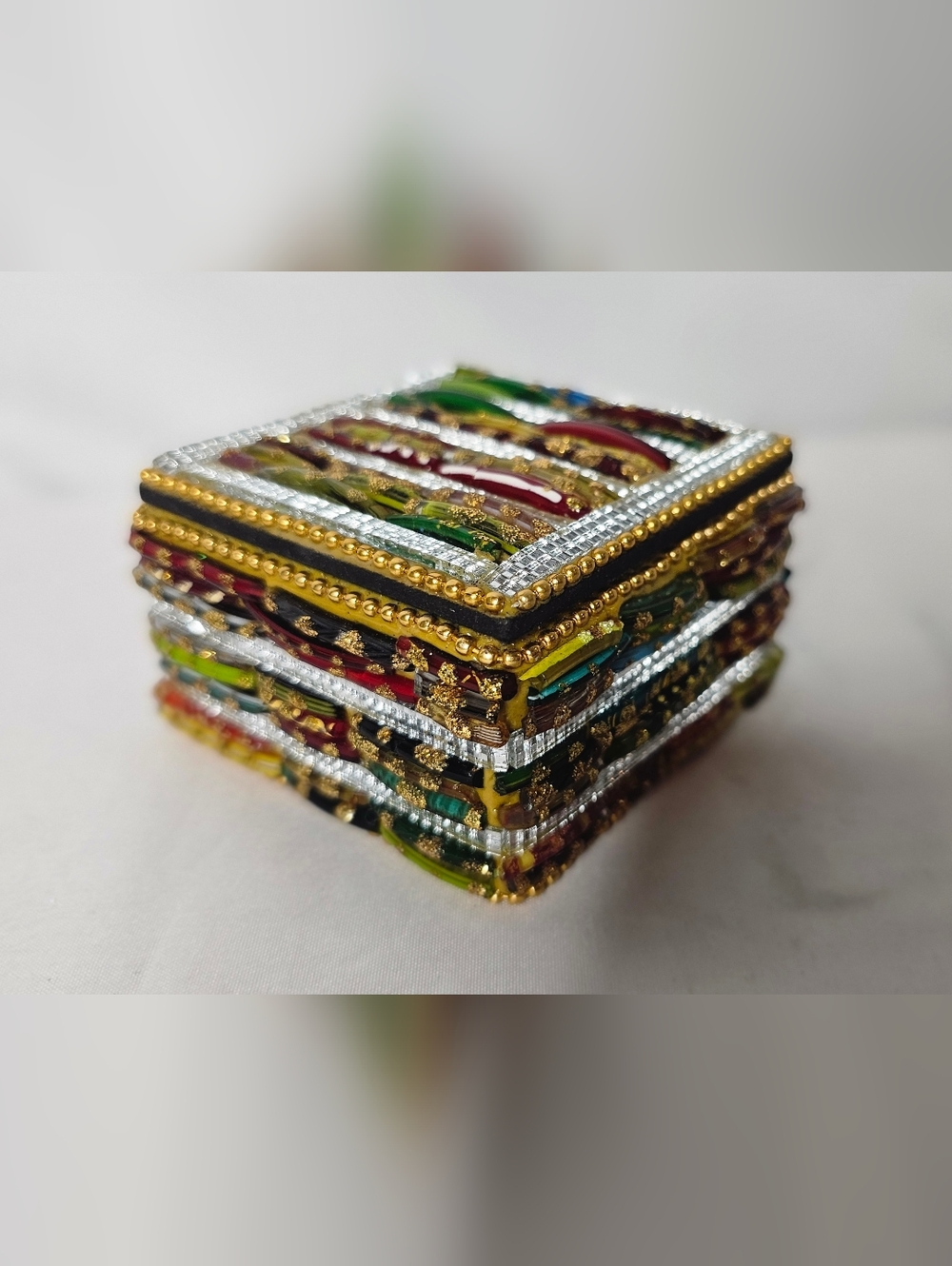 Two's Company Mosaic Glass Bangle Jewelry Box Multi-Color India Handmade 3x3"